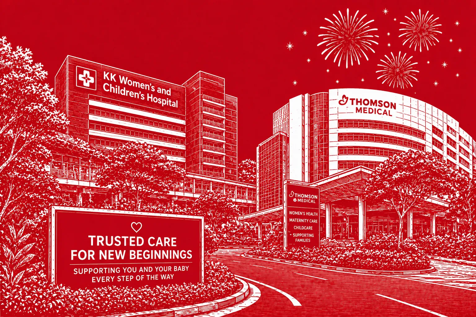 Maternity Insurance illustrated by KK Women’s and Children’s Hospital and Thomson Medical representing pregnancy care and financial protection for parents
