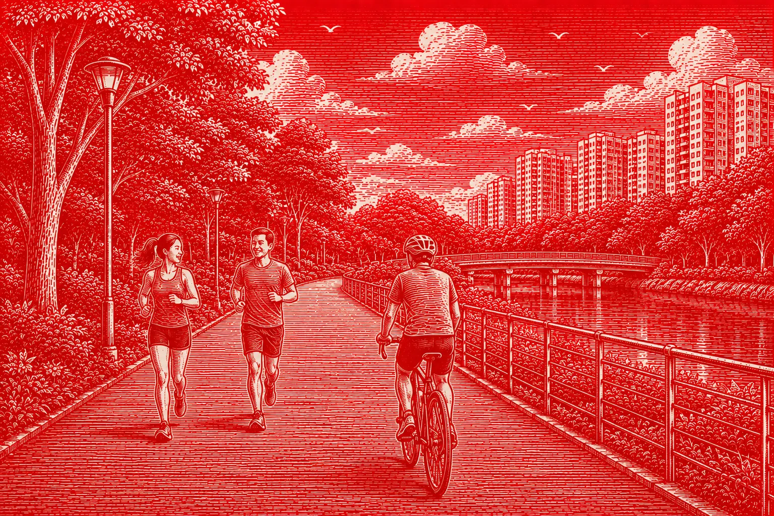 Insurance Planning in Singapore illustrated by people jogging and cycling in a park representing health, protection and financial security