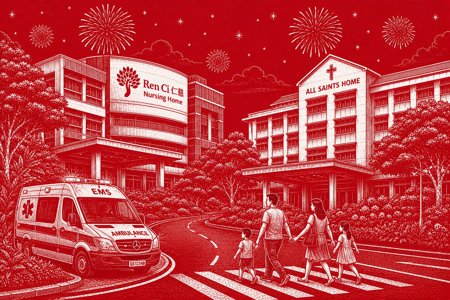 CareShield Life illustrated by nursing homes and a family in Singapore representing long-term care and financial protection