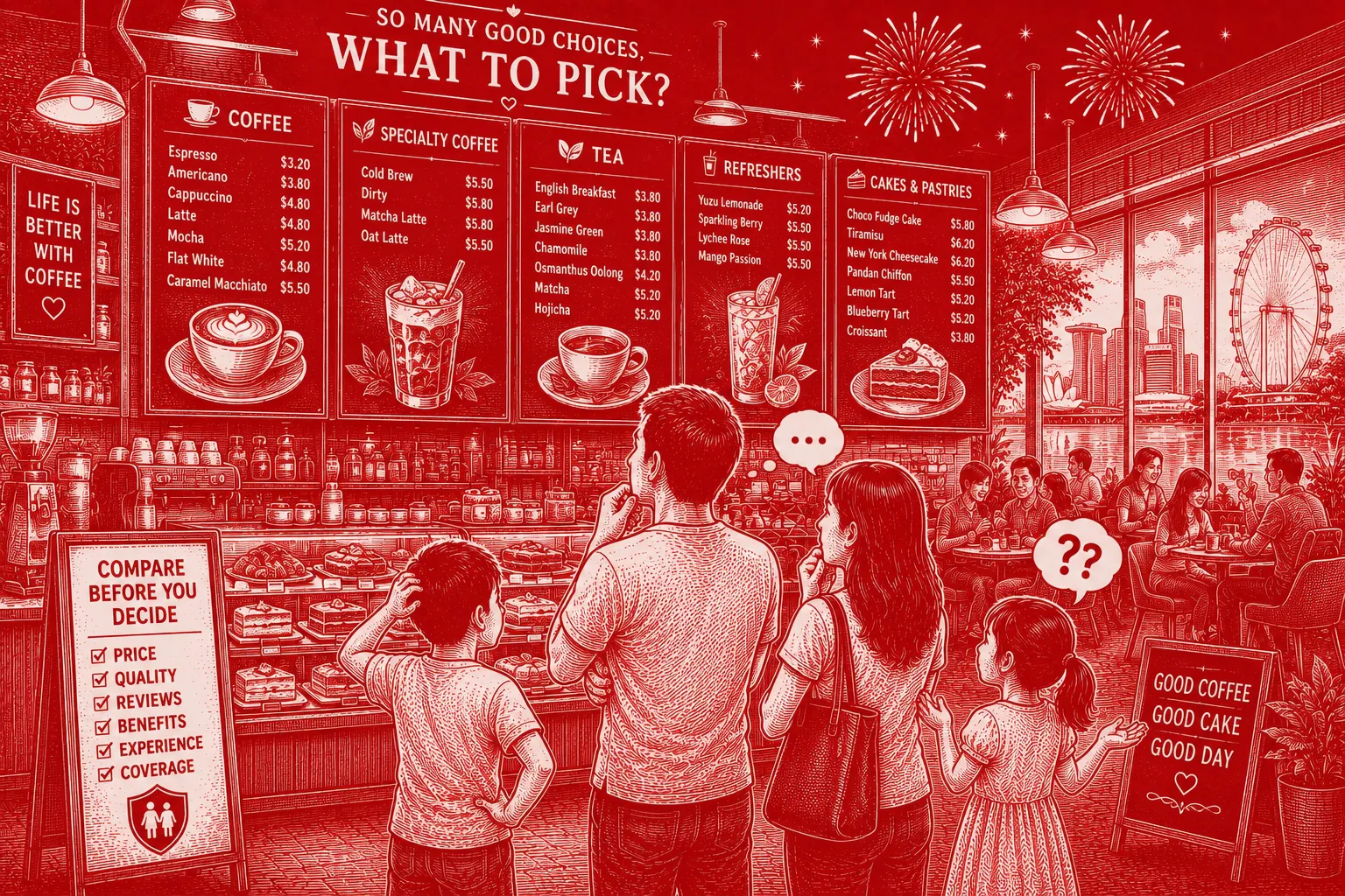 Compare Insurance Plans in Singapore illustrated by a family comparing coffee, tea and cake options before making a decision