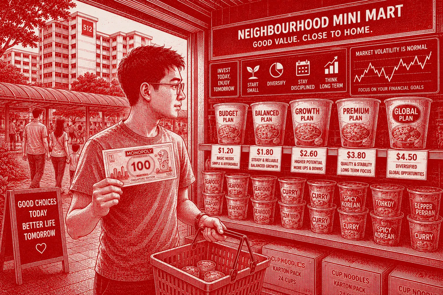 Dollar Cost Averaging illustrated by a Singapore mini mart using cup noodles to explain investing through regular purchases despite market ups and downs