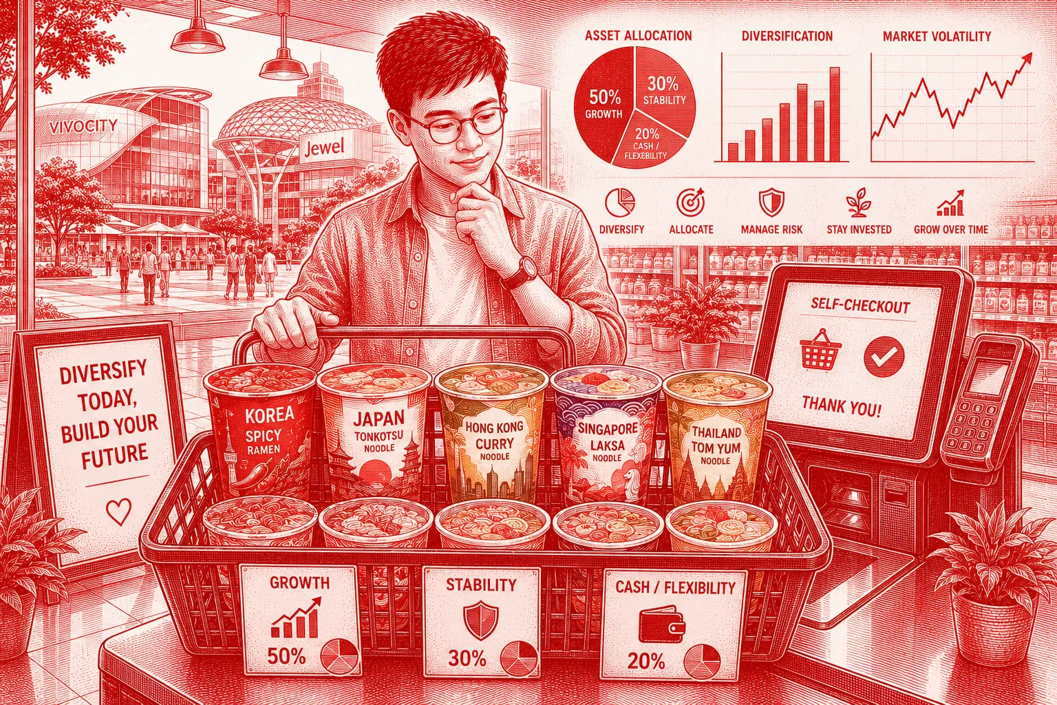 Asset Allocation and Diversification illustrated by a basket of international cup noodles representing portfolio mix, risk management and long-term investing