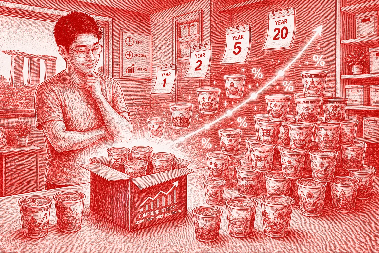 Compound Interest illustrated by multiplying cup noodles over time representing long-term investing, patience and exponential wealth growth