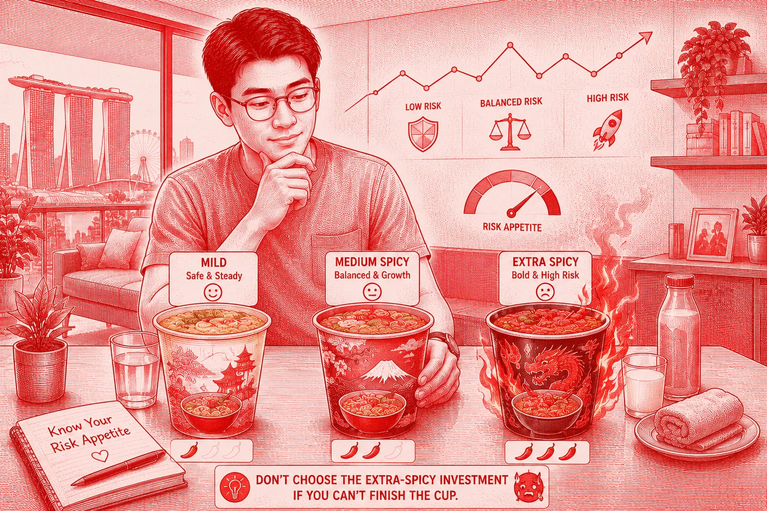Appetite for risk illustrated with different cup noodle spice levels representing different comfort levels with investment market ups and downs