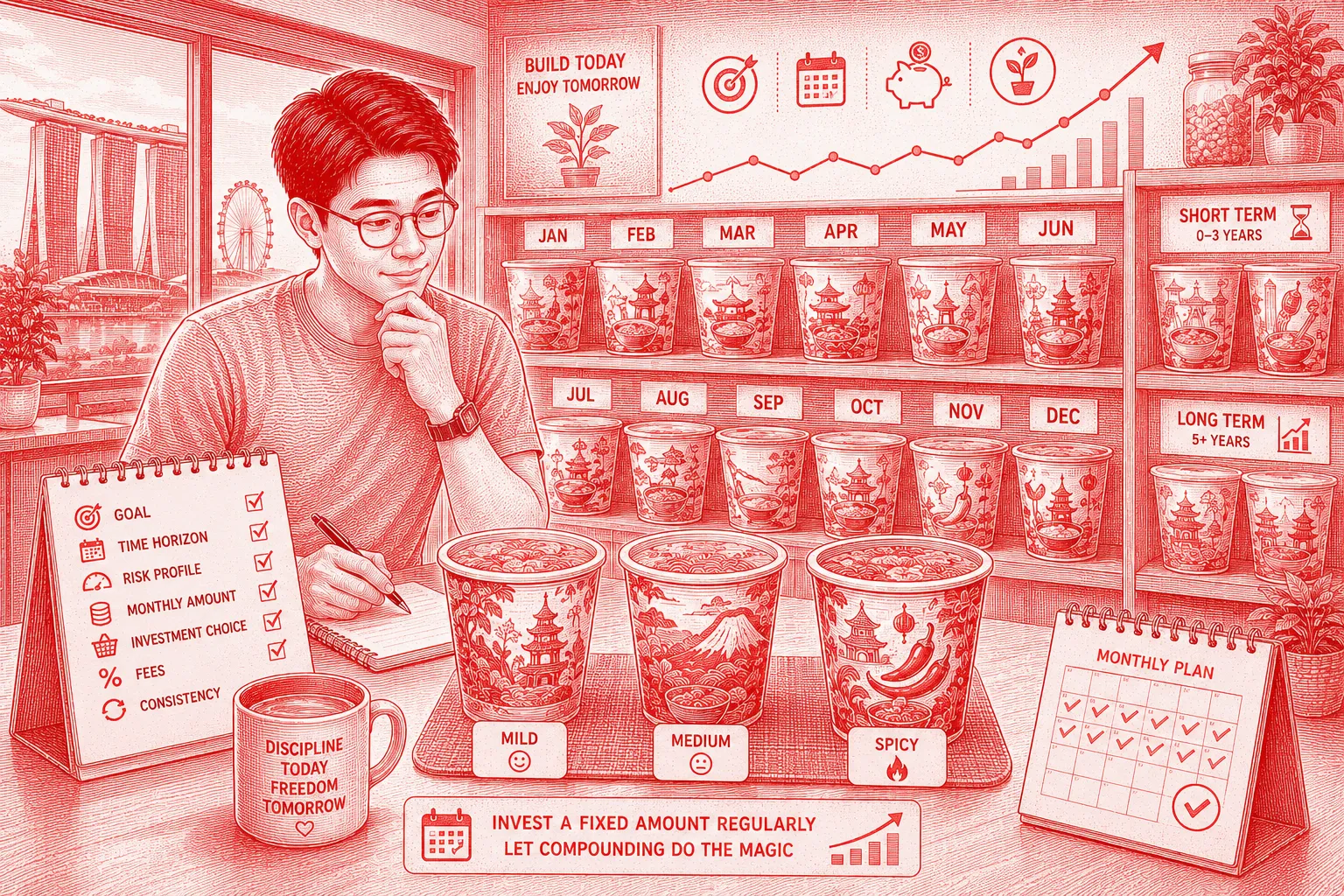 Regular Savings Plan illustrated by a monthly cup noodle pantry representing consistent investing, financial planning and long-term wealth building