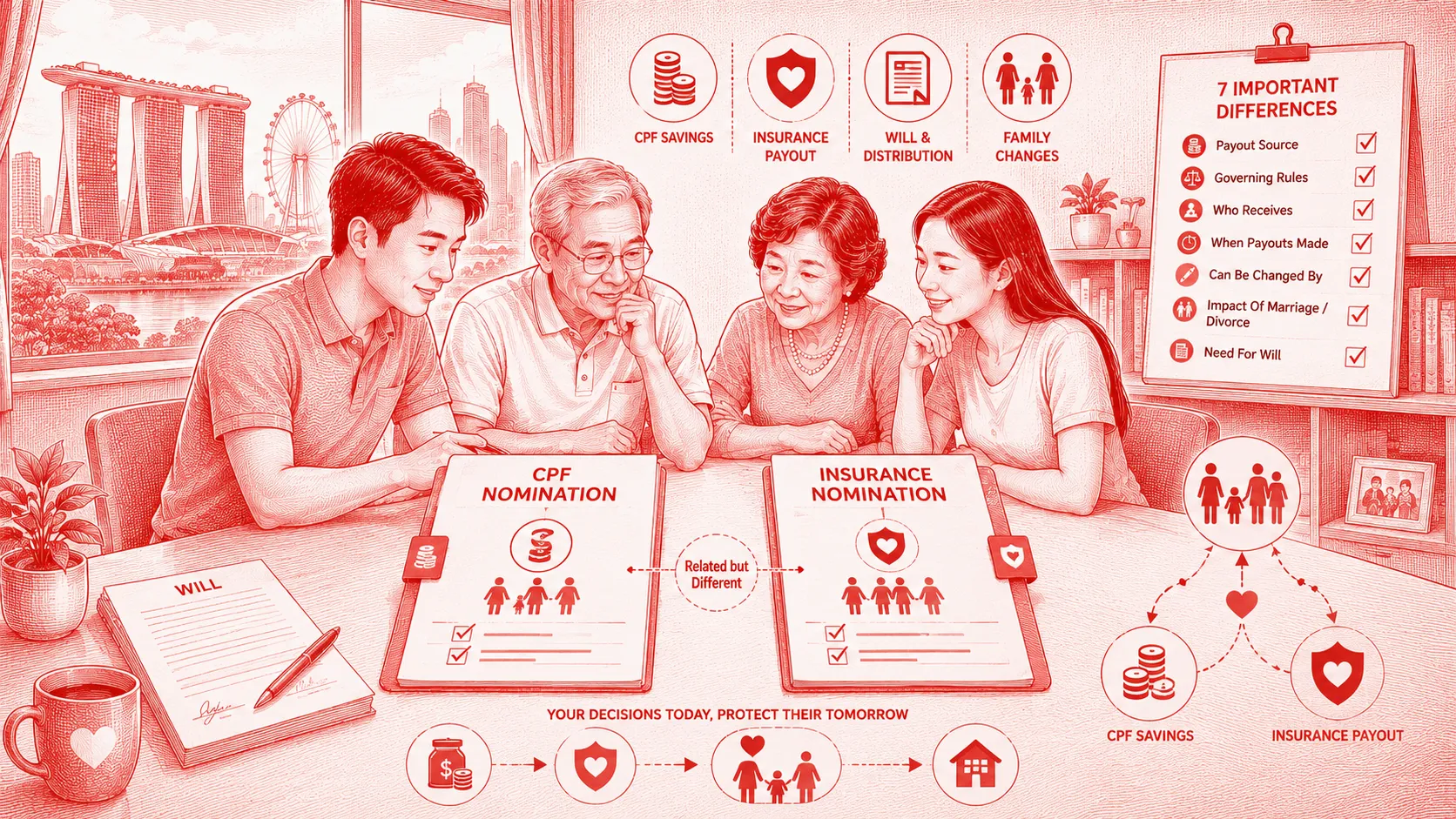 CPF Nomination and Insurance Nomination comparison showing a Singapore family reviewing both nominations, wills and beneficiary planning for legacy planning