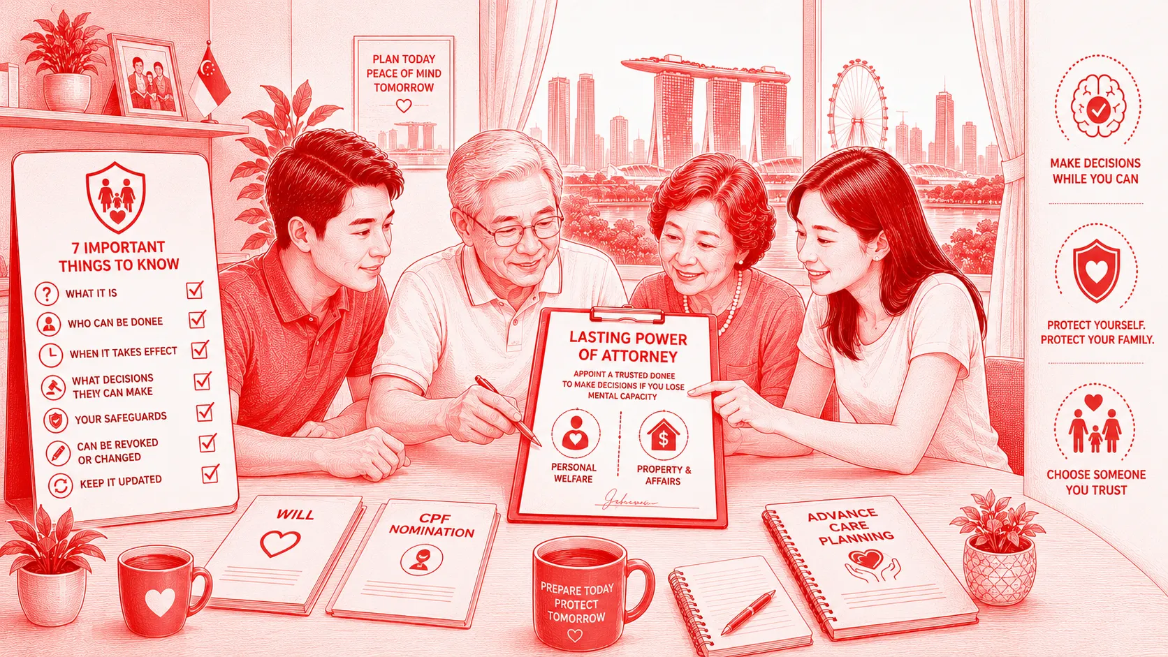 Lasting Power of Attorney Singapore illustration showing a family discussing an LPA with trusted donees as part of legacy planning