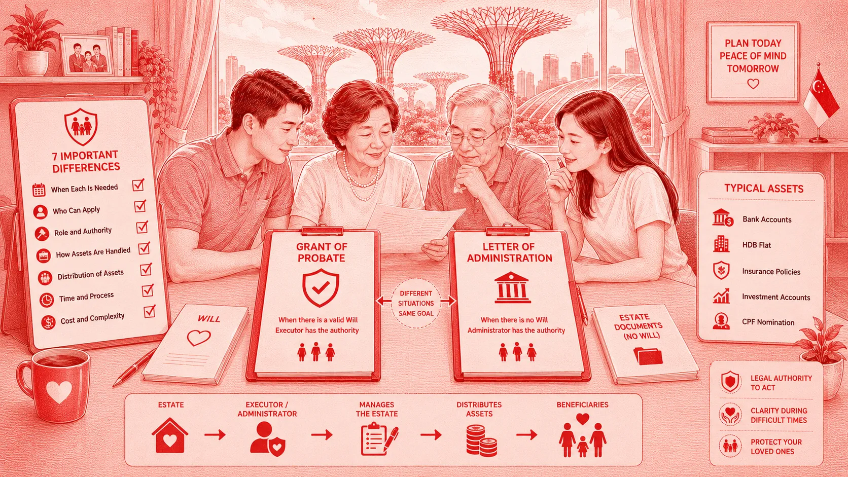 Grant of Probate and Letter of Administration comparison showing a Singapore family reviewing estate documents, wills and asset distribution after death