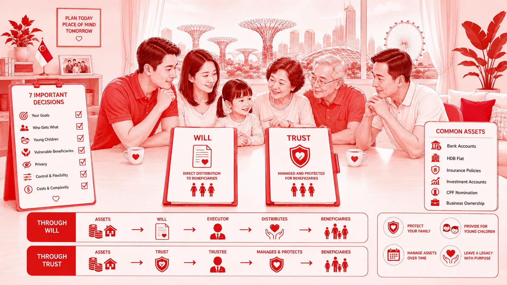 Will and Trust comparison showing a Singapore family reviewing legacy planning documents, asset distribution and beneficiary protection