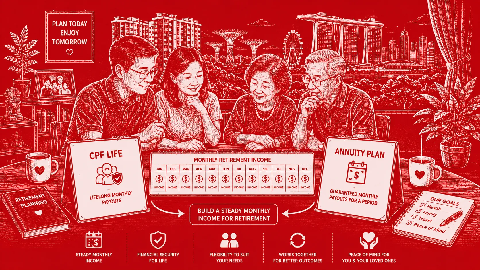 Annuity Plan and CPF LIFE comparison showing a Singapore family reviewing monthly retirement income options before retirement