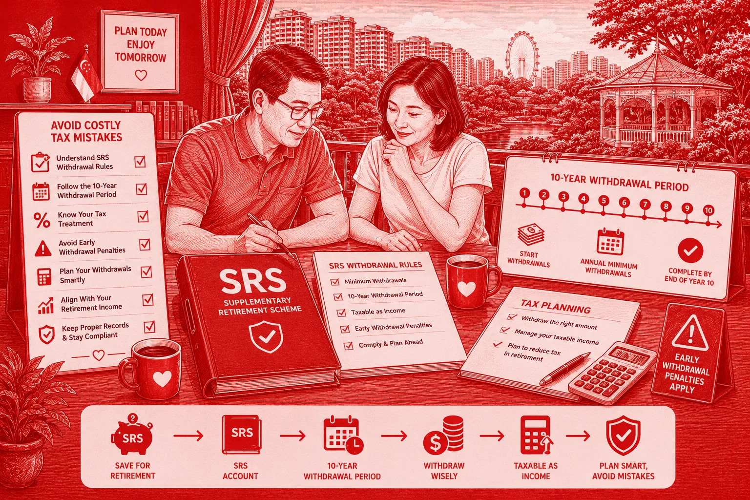SRS withdrawal rules illustrated by a Singapore couple reviewing the 10-year withdrawal period, tax planning and early withdrawal penalties