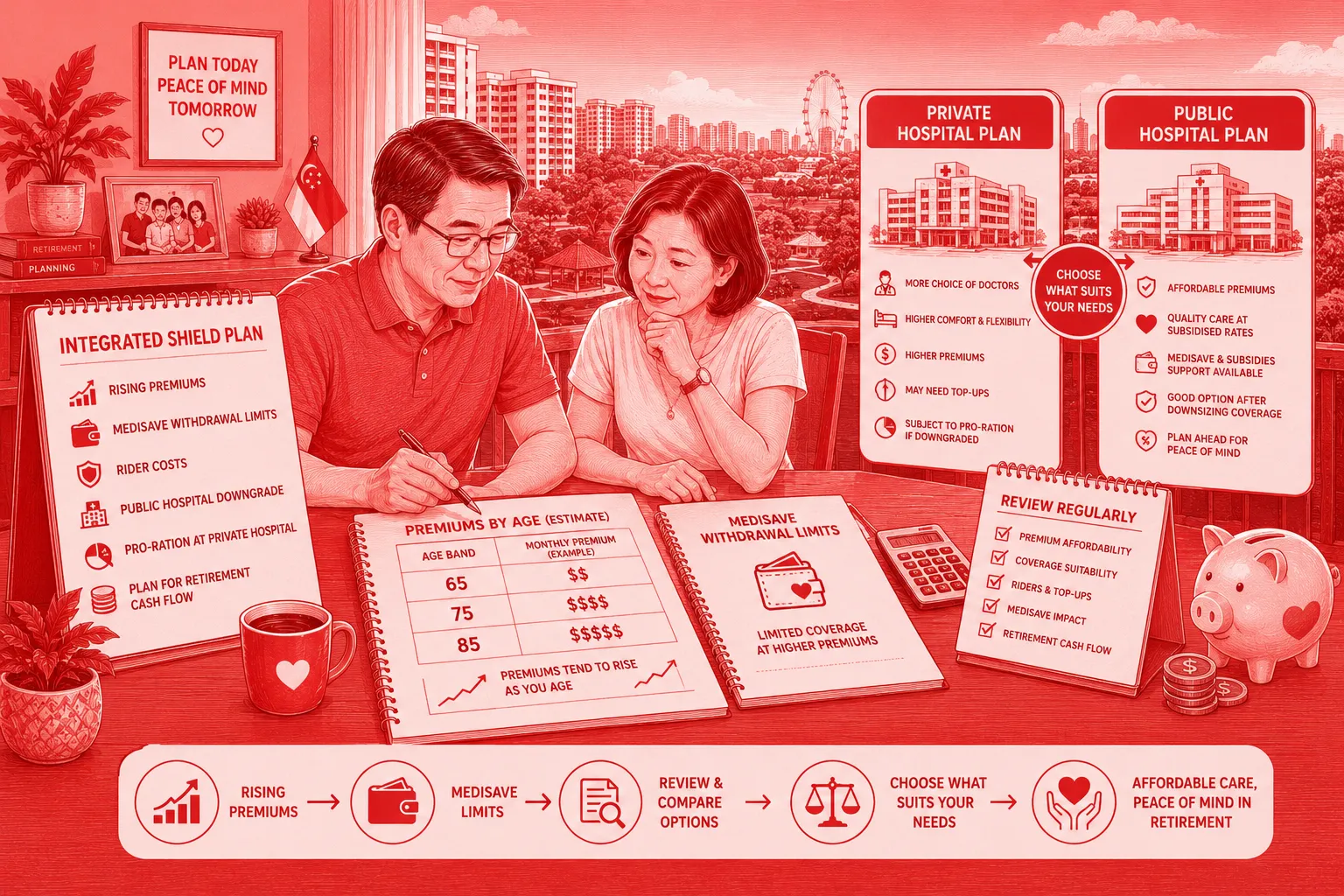 Integrated Shield Plan review showing a Singapore couple comparing retirement premiums, MediSave limits, riders and hospital plan options