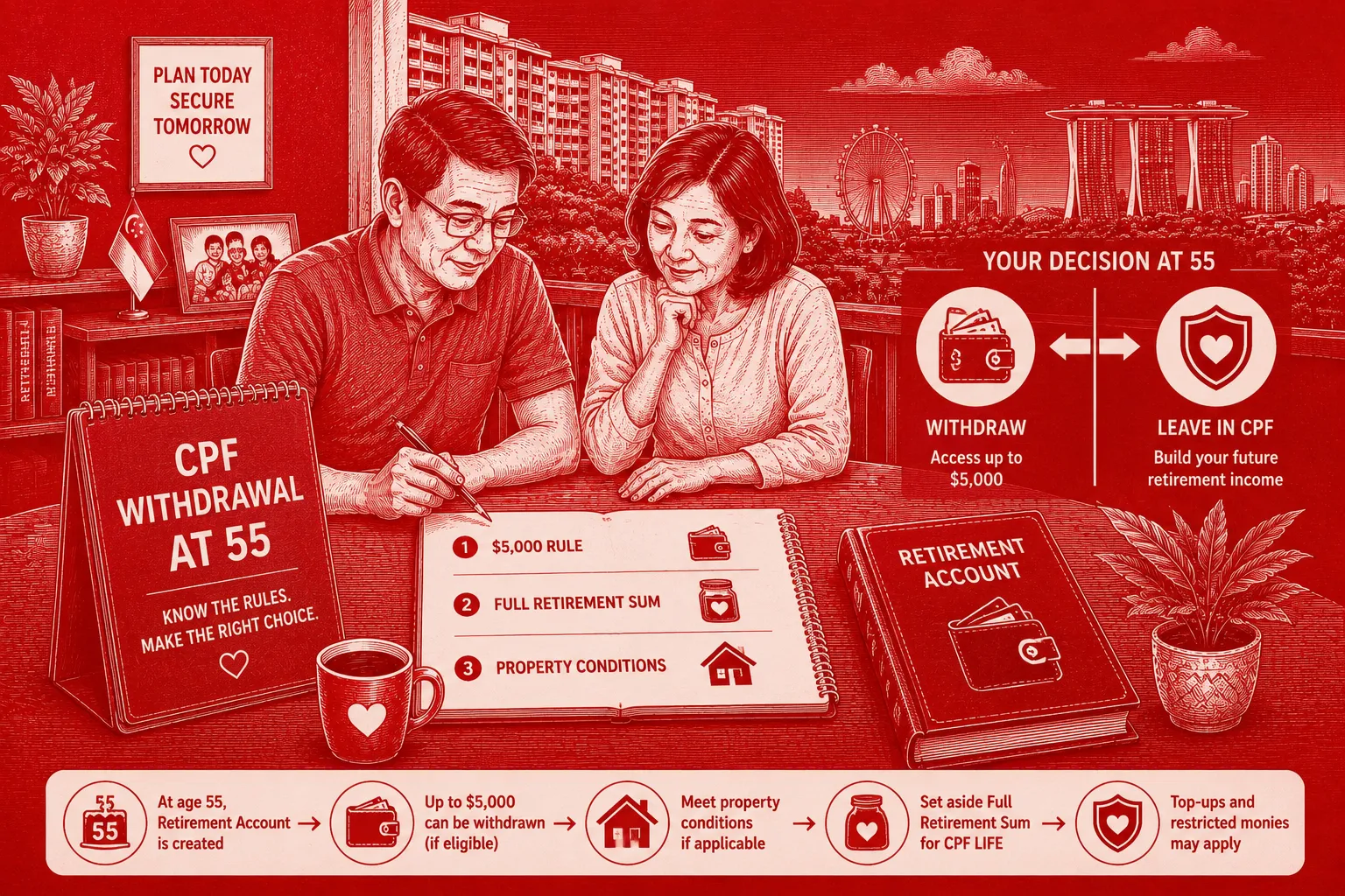 CPF Withdrawal at 55 illustrated with a Singapore couple reviewing the $5,000 withdrawal rule, Full Retirement Sum and Retirement Account decisions