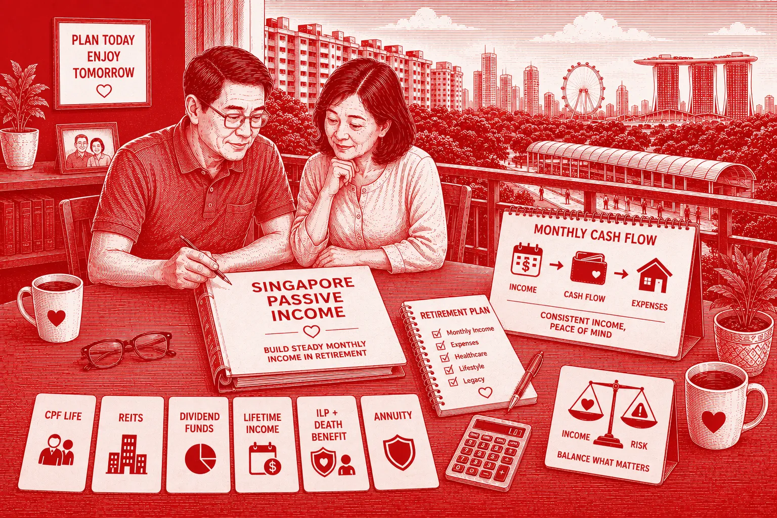 Singapore Passive Income planning image showing a retired couple reviewing monthly cash flow, CPF LIFE, REITs, dividend funds, ILPs and annuities
