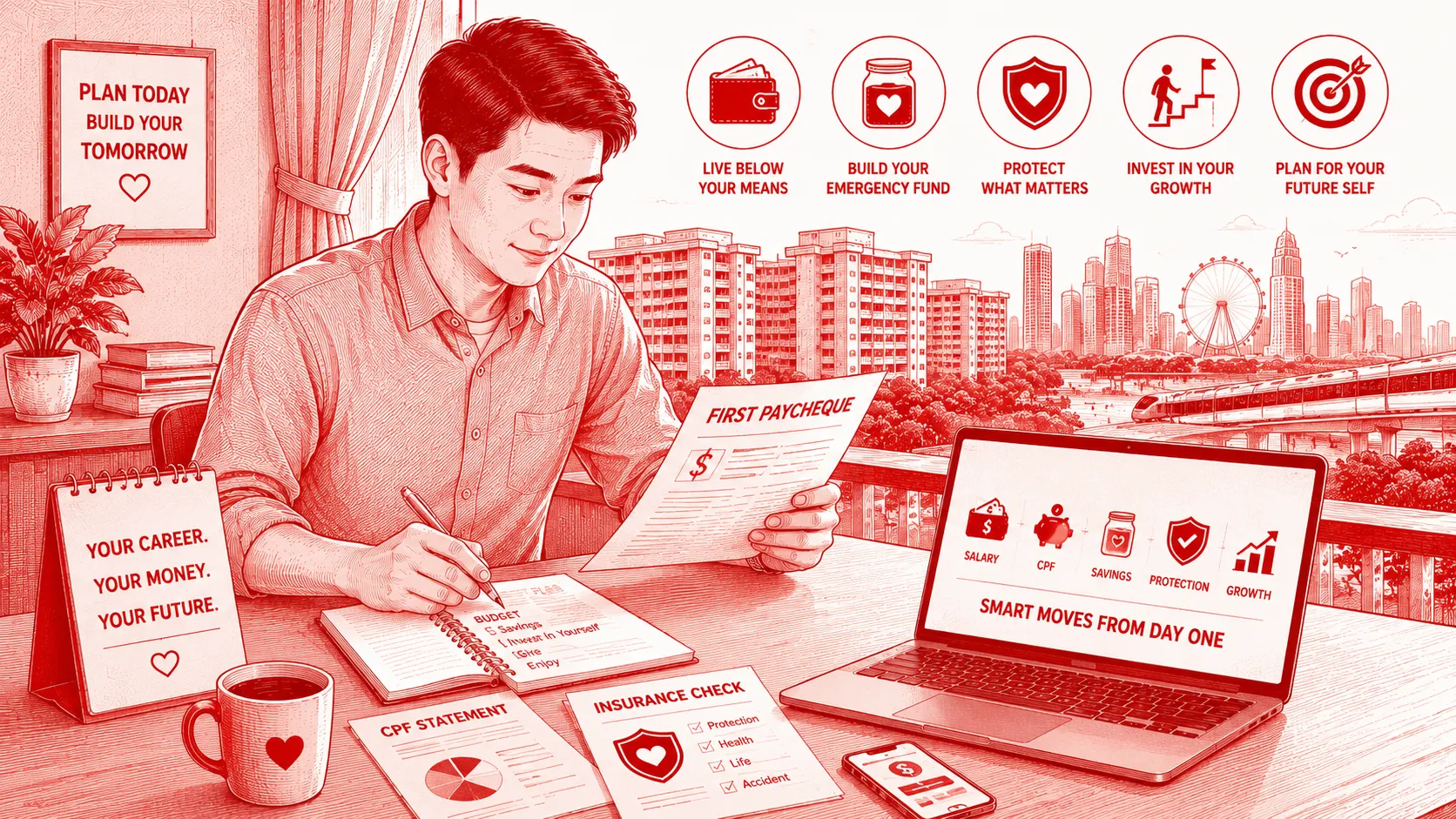 Career Planning in Singapore image showing a young working adult reviewing first paycheque, CPF statement, insurance needs and savings goals