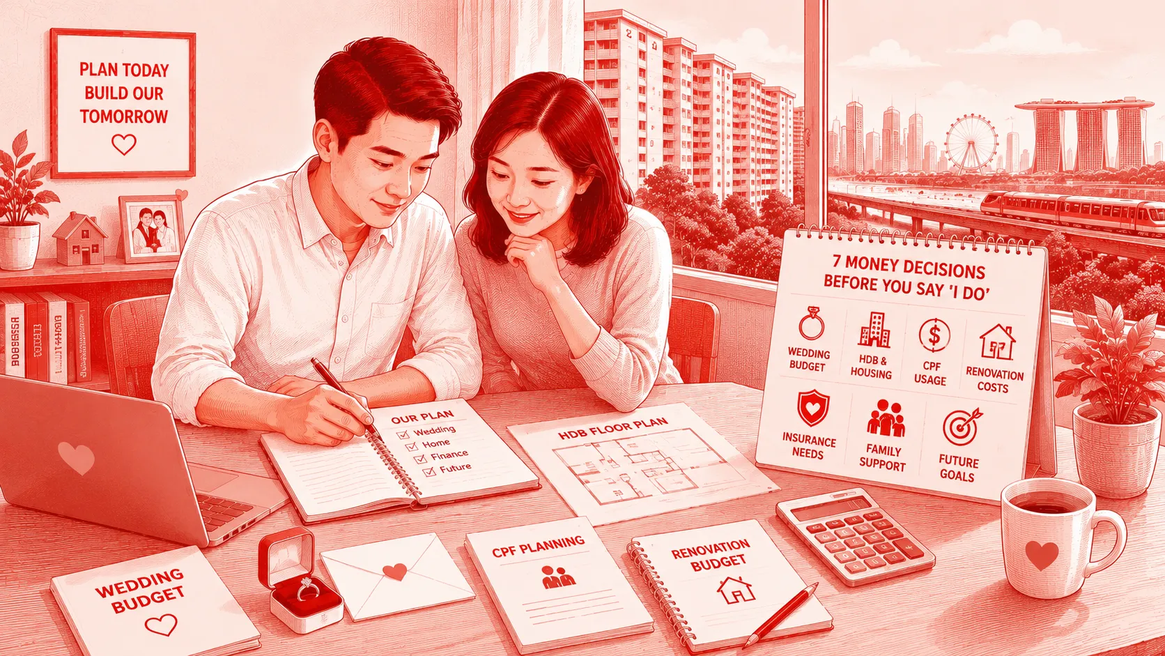 Budget Planning image showing a young Singapore couple reviewing wedding, housing, renovation, insurance and household expenses before marriage