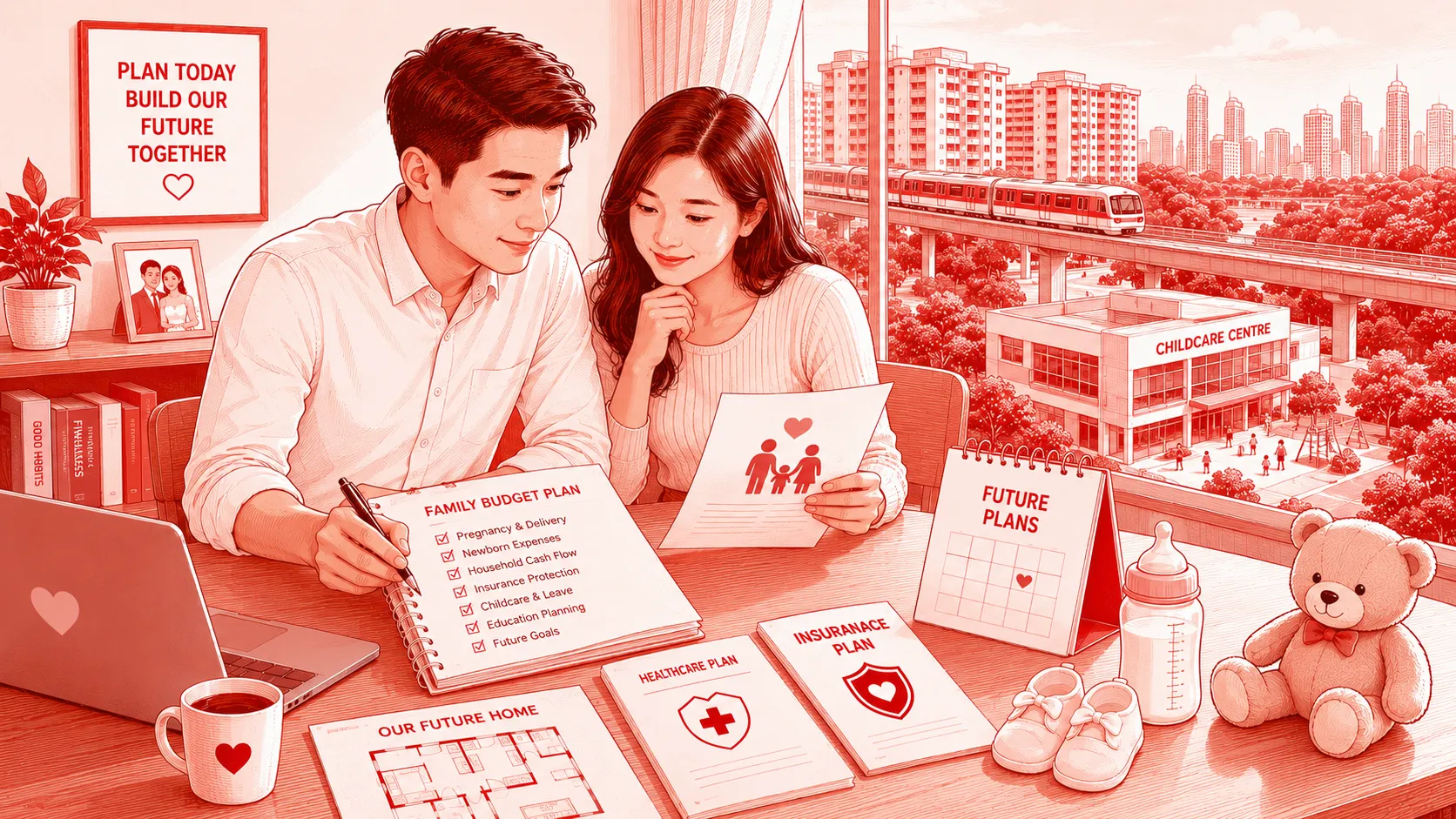 Family Planning in Singapore image showing future parents reviewing pregnancy, childcare, insurance and household expenses before having children