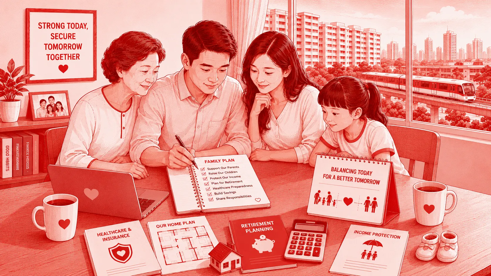 Sandwich Generation in Singapore image showing a family reviewing support for parents, children, income protection and retirement planning