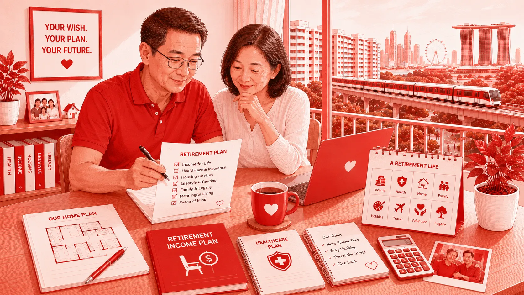 Retirement Wish image showing a Singapore pre-retirement couple reviewing income, healthcare, housing, lifestyle and legacy plans