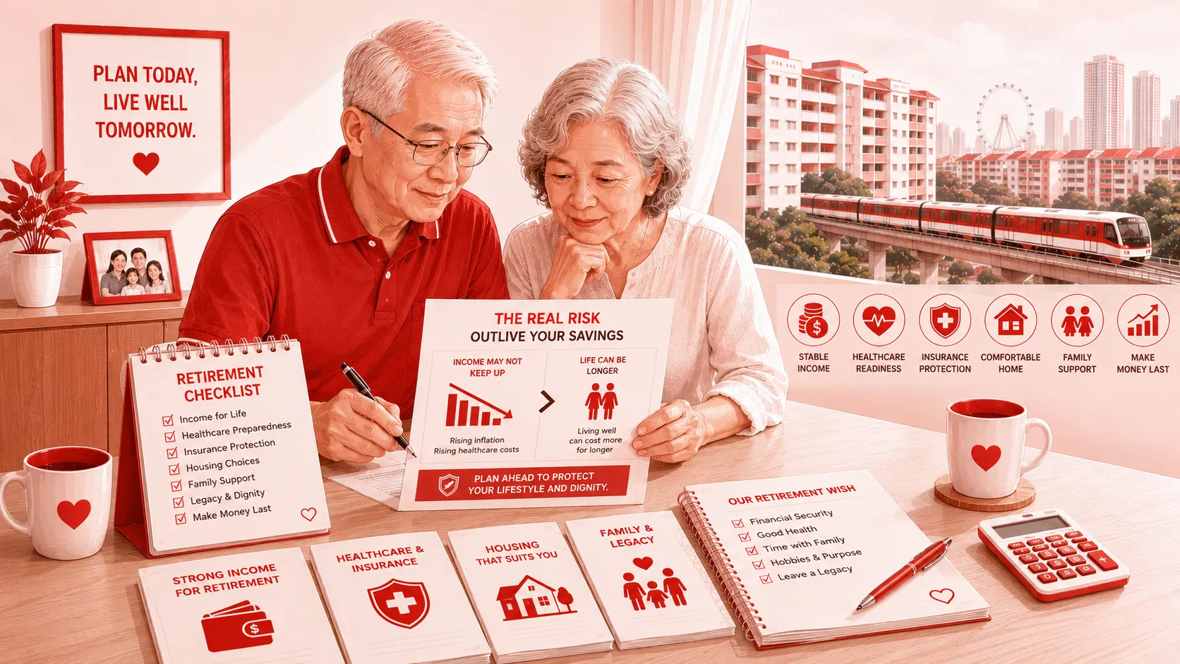 Pioneer Generation retirement image showing an elderly Singapore couple reviewing income, healthcare, insurance, housing and legacy plans