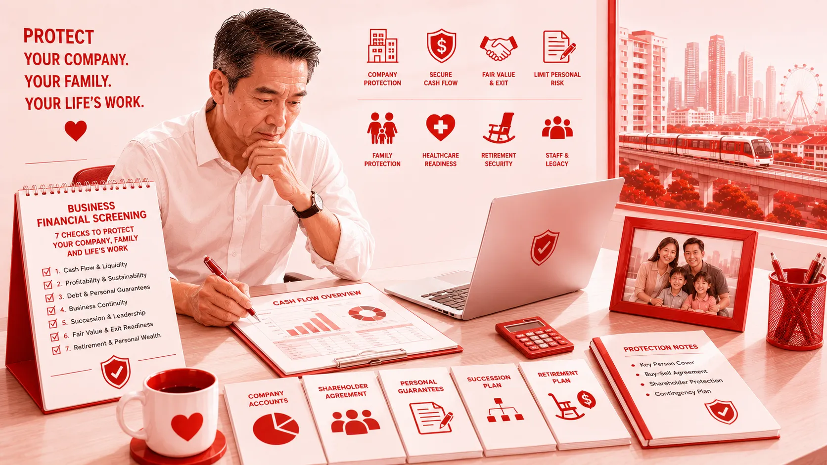 Business Financial Screening image showing a Singapore business owner reviewing cash flow, personal guarantees, succession and family protection