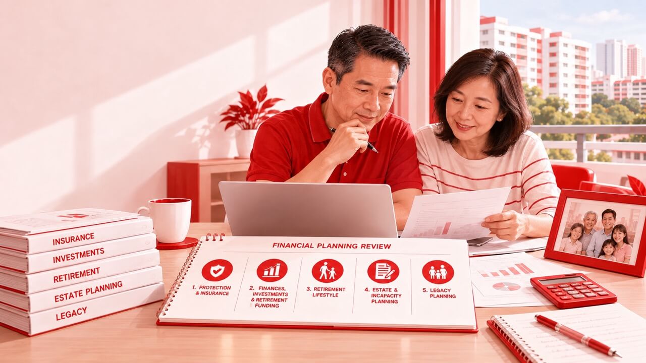 Financial Planning Review in Singapore showing a couple reviewing insurance, investments, retirement, estate planning and family legacy